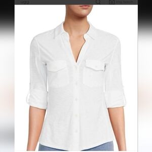 James Perse Luxury White Slub Side Panel Button Top Cotton Roll Tab Preppy